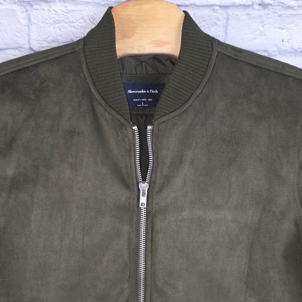 Abercrombie & Fitch Men Full Zip Bomber Jacket Olive Green Faux Suede Sz Large